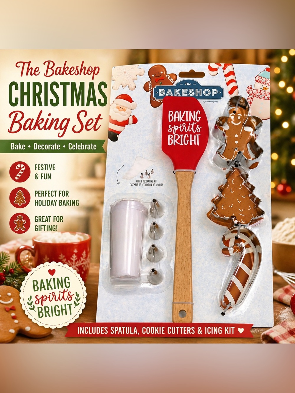 The Bakeshop Christmas Baking Set Spatula Cookie Cutters Icing Kit Holiday